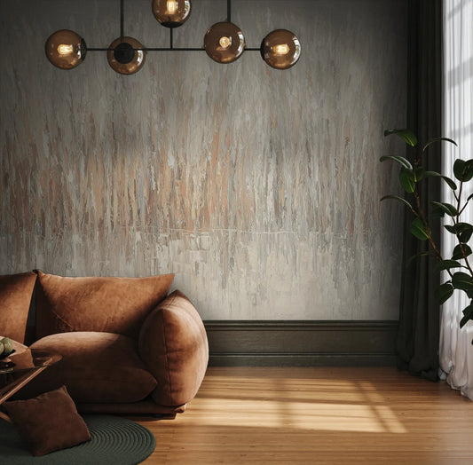 Fototapeta WOVEN MIST - tapeta z delikatnym abstrakcyjnym wzorem trawy we mgle pokazana w aranżacji wnętrza z akcentem na ścianie.