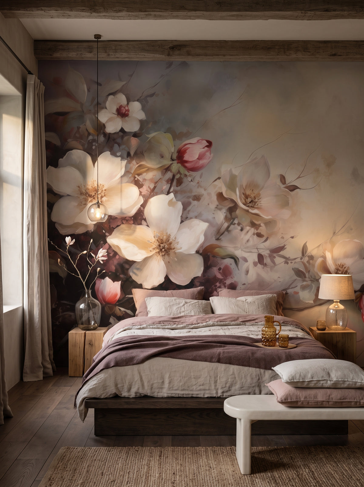 Fototapeta artystyczna o nazwie Serene Magnolias w aranżacji wnętrza: sypialnia wabi-sabi w wiejskim domu z wapiennym tynkiem.