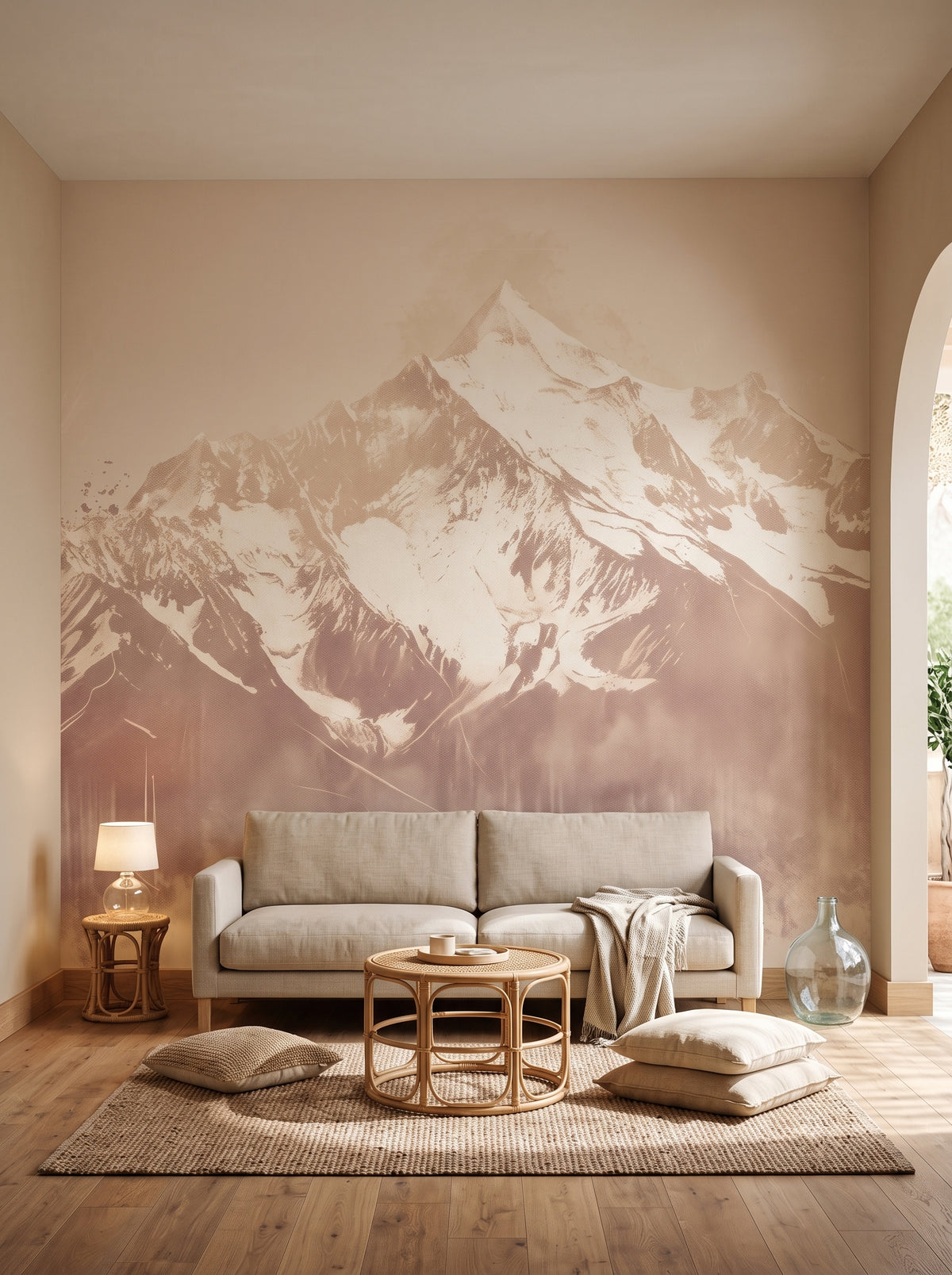 Fototapeta artystyczna o nazwie Sepia Summit w aranżacji wnętrza: salon w stylu wysublimowanego boho.