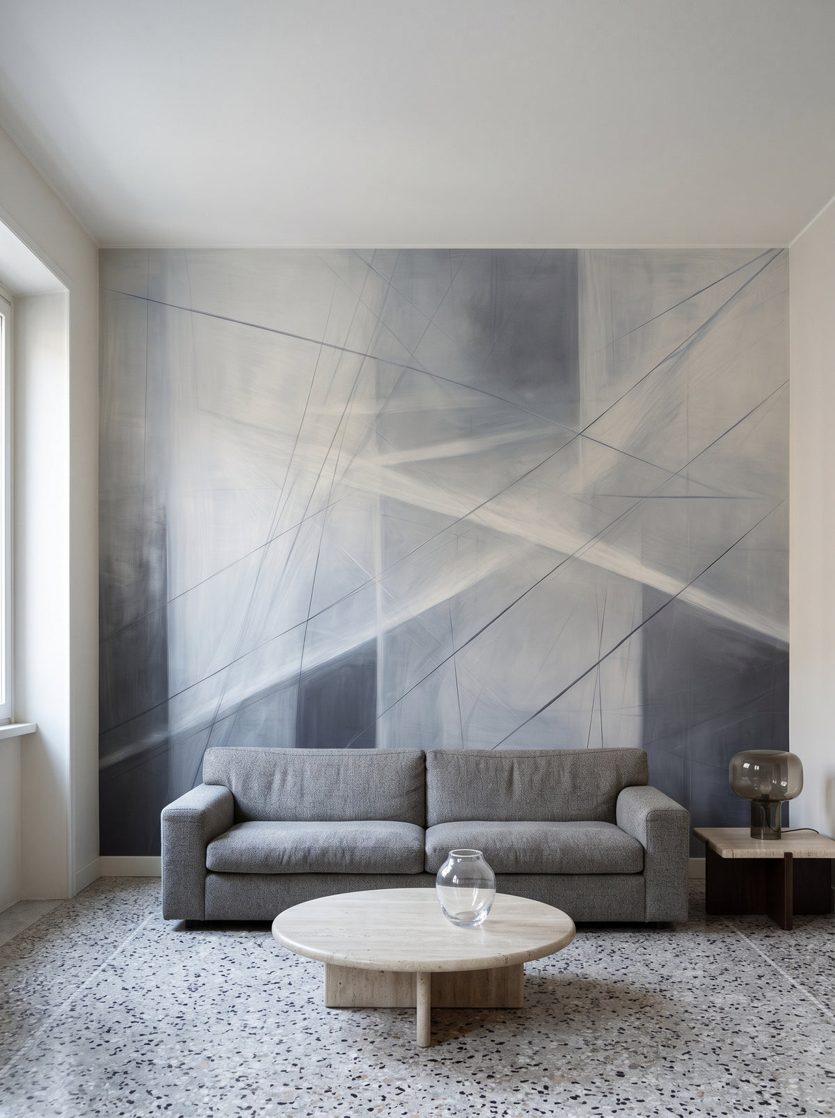 Fototapeta artystyczna o nazwie Monochrome Network w aranżacji wnętrza: salon w mediolańskim modernizmie lat 70..
