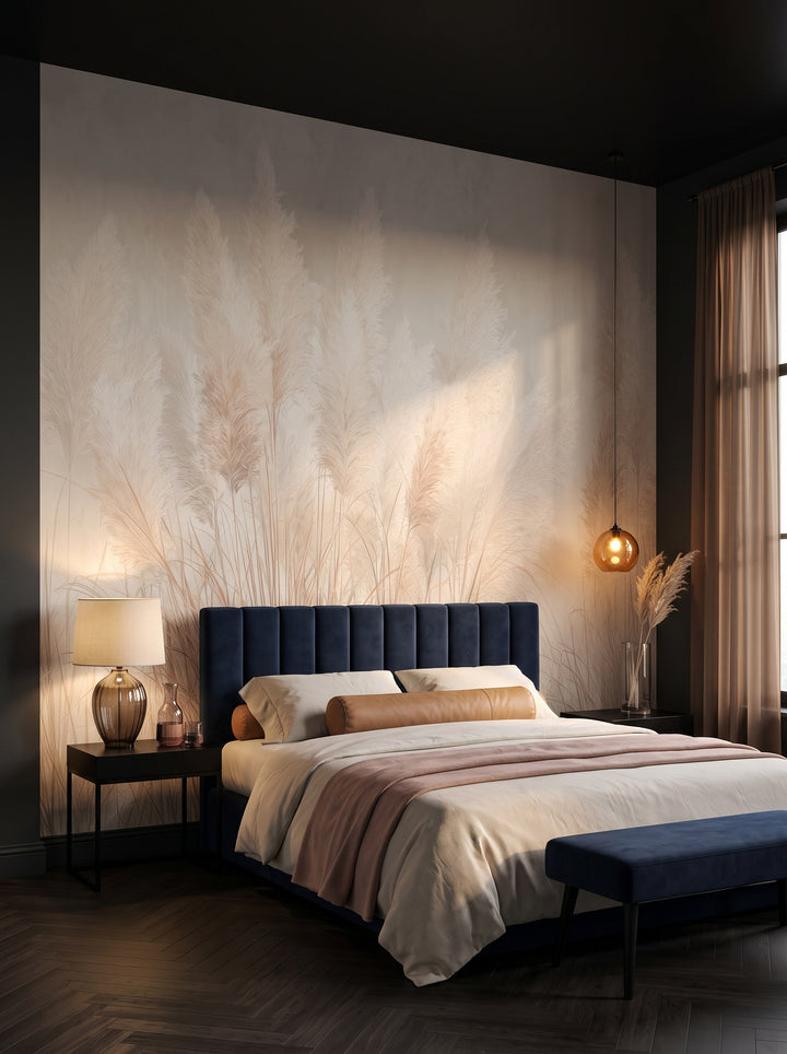 Fototapeta artystyczna o nazwie DUSKY REEDS w aranżacji wnętrza: sypialnia w butikowym hotelu designerskim.