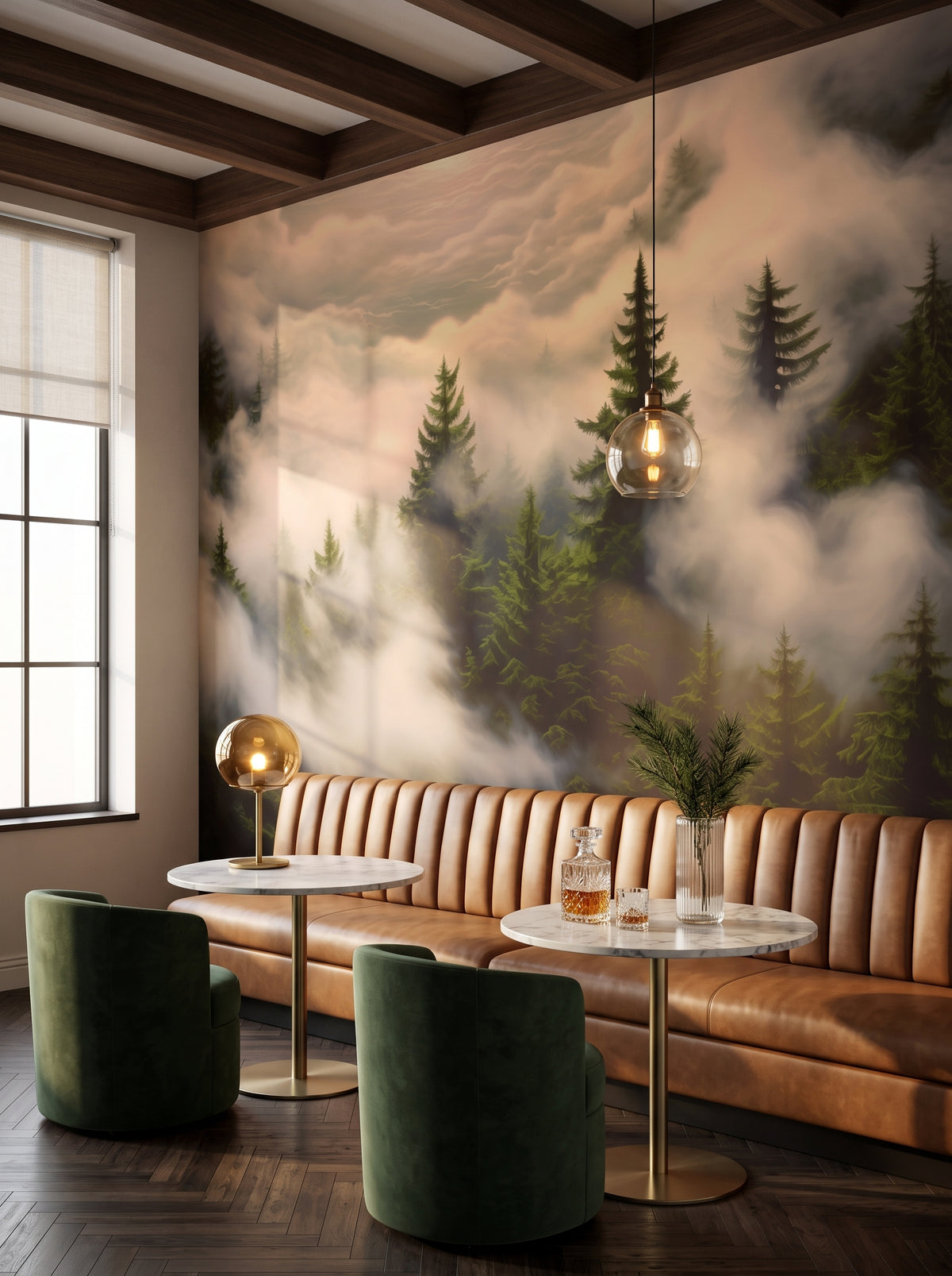 Fototapeta artystyczna o nazwie Wschód nad Puszczą w aranżacji wnętrza: bar lounge w butikowym hotelu.