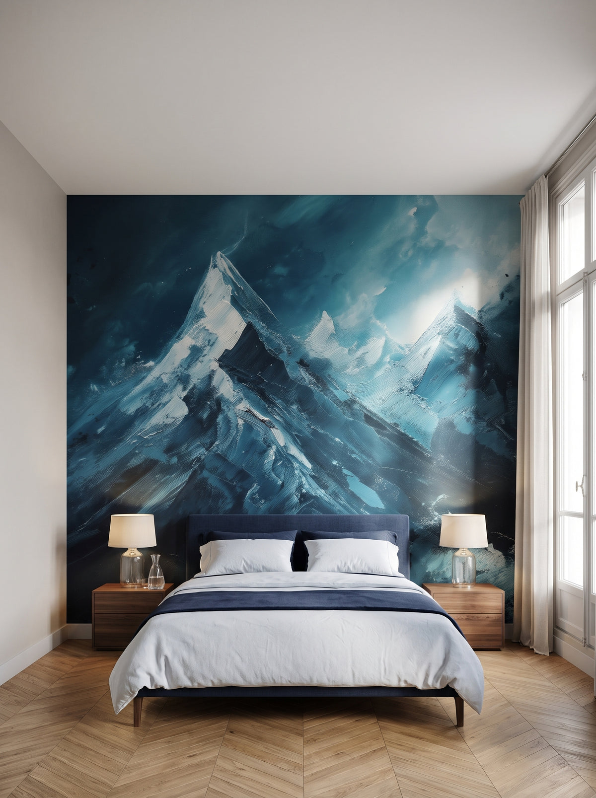 Fototapeta artystyczna o nazwie Sapphire Peaks w aranżacji wnętrza: sypialnia w paryskim apartamencie.