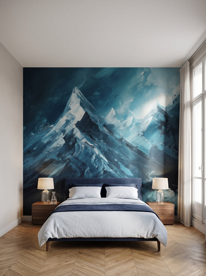 Fototapeta artystyczna o nazwie Sapphire Peaks w aranżacji wnętrza: sypialnia w paryskim apartamencie.