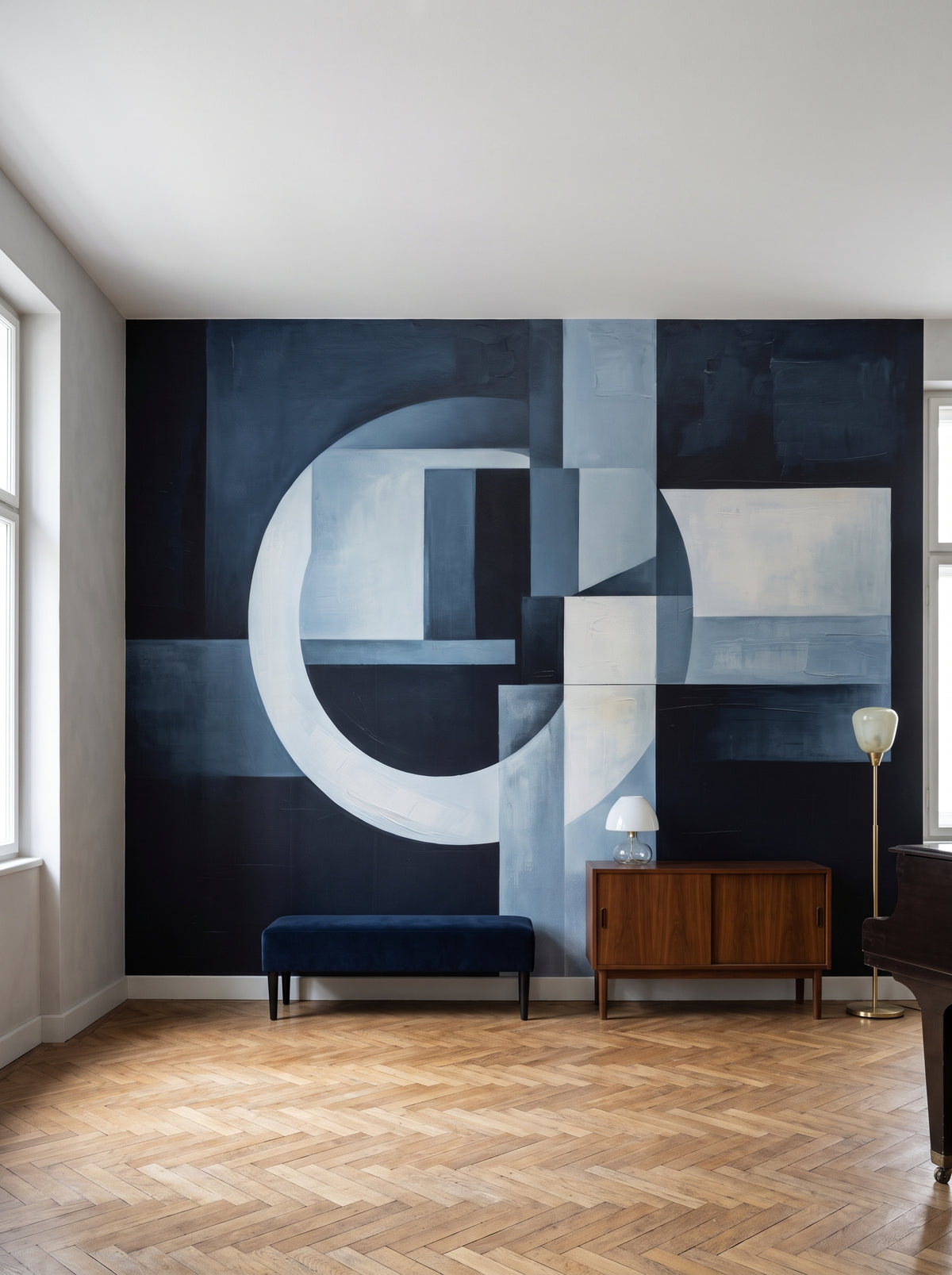 Fototapeta artystyczna o nazwie Crescent Moon Geometry w aranżacji wnętrza: salon muzyczny w wiedeńskiej kamienicy.