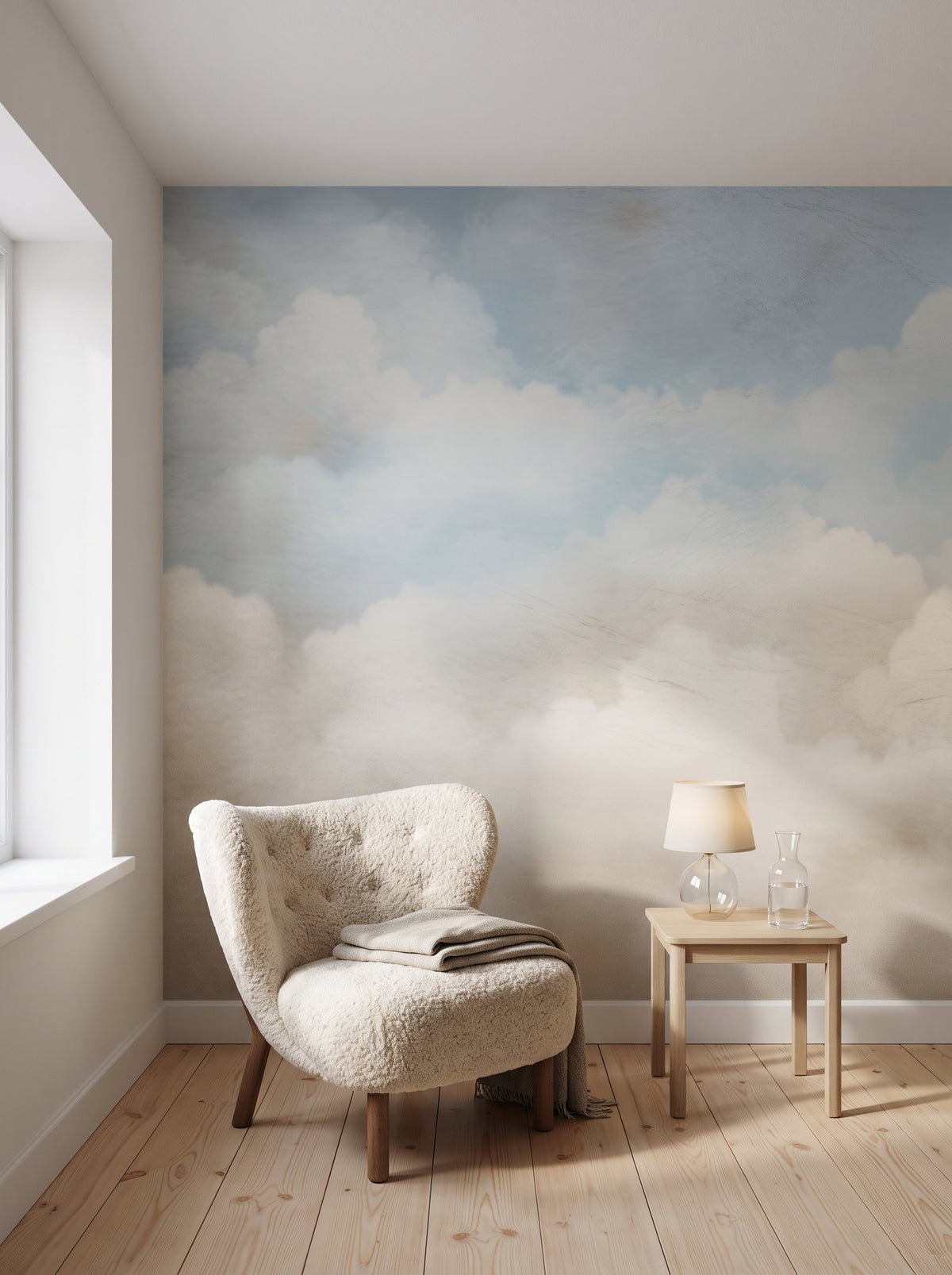 Fototapeta artystyczna o nazwie CLOUDS OF SERENE MAJESTY w aranżacji wnętrza: kącik do czytania w skandynawskiej willi.