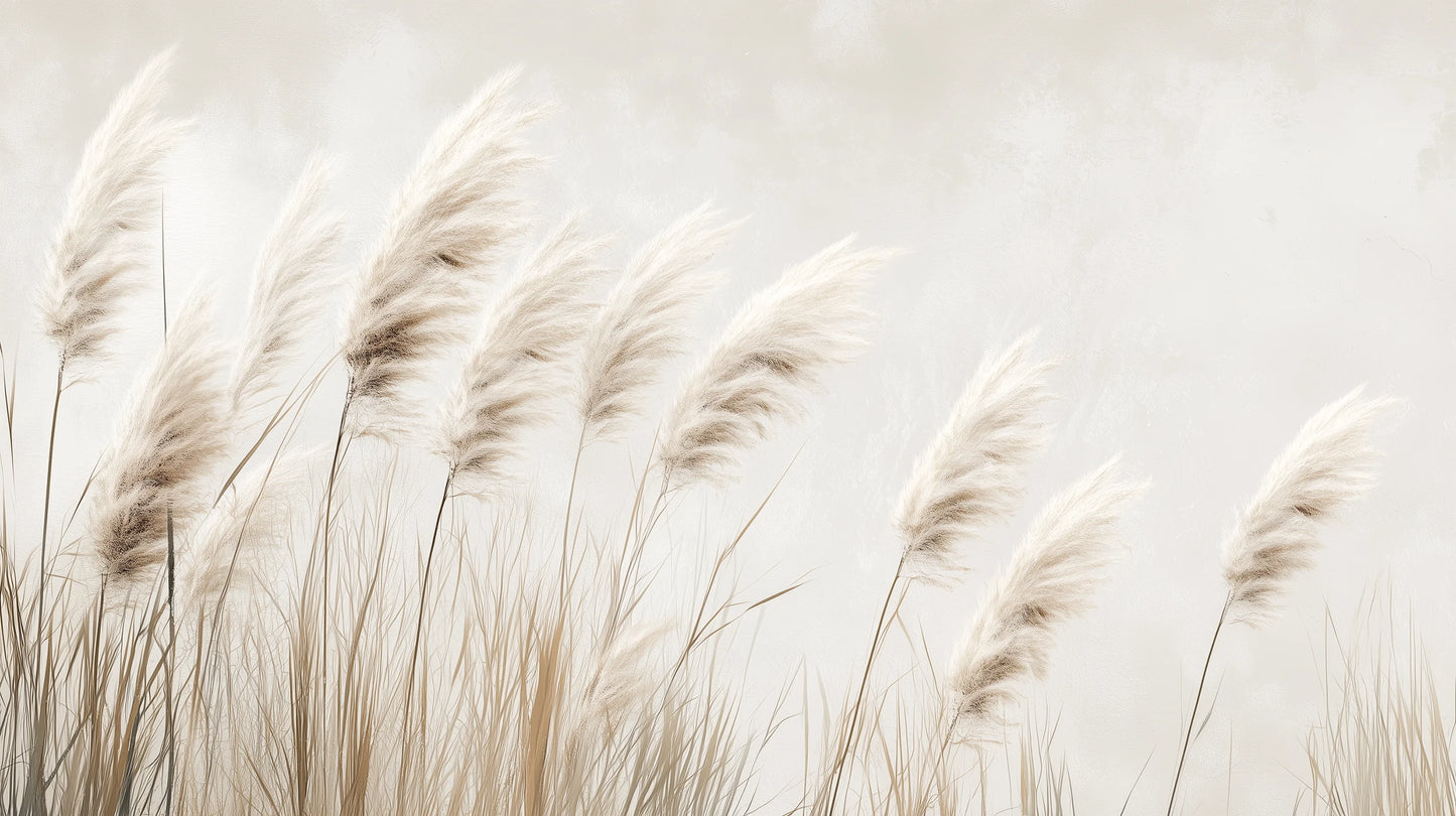 Prezentacja całego wzoru fototapety o nazwie WINDSWEPT DREAMS - tapeta z delikatnymi trawami na jasnym tle