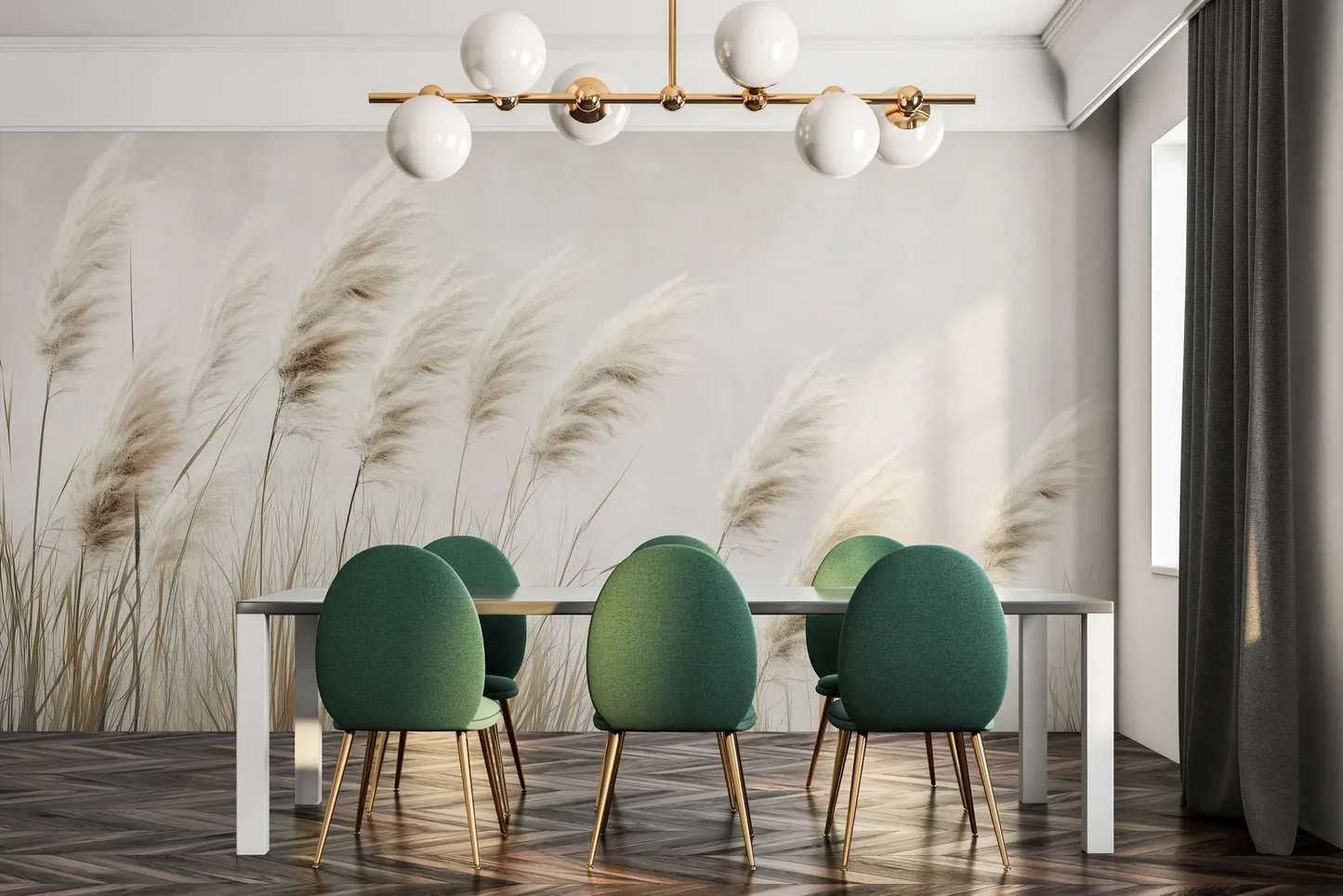 Fototapeta WINDSWEPT DREAMS - tapeta z delikatnymi trawami na jasnym tle pokazana w aranżacji jadalni.