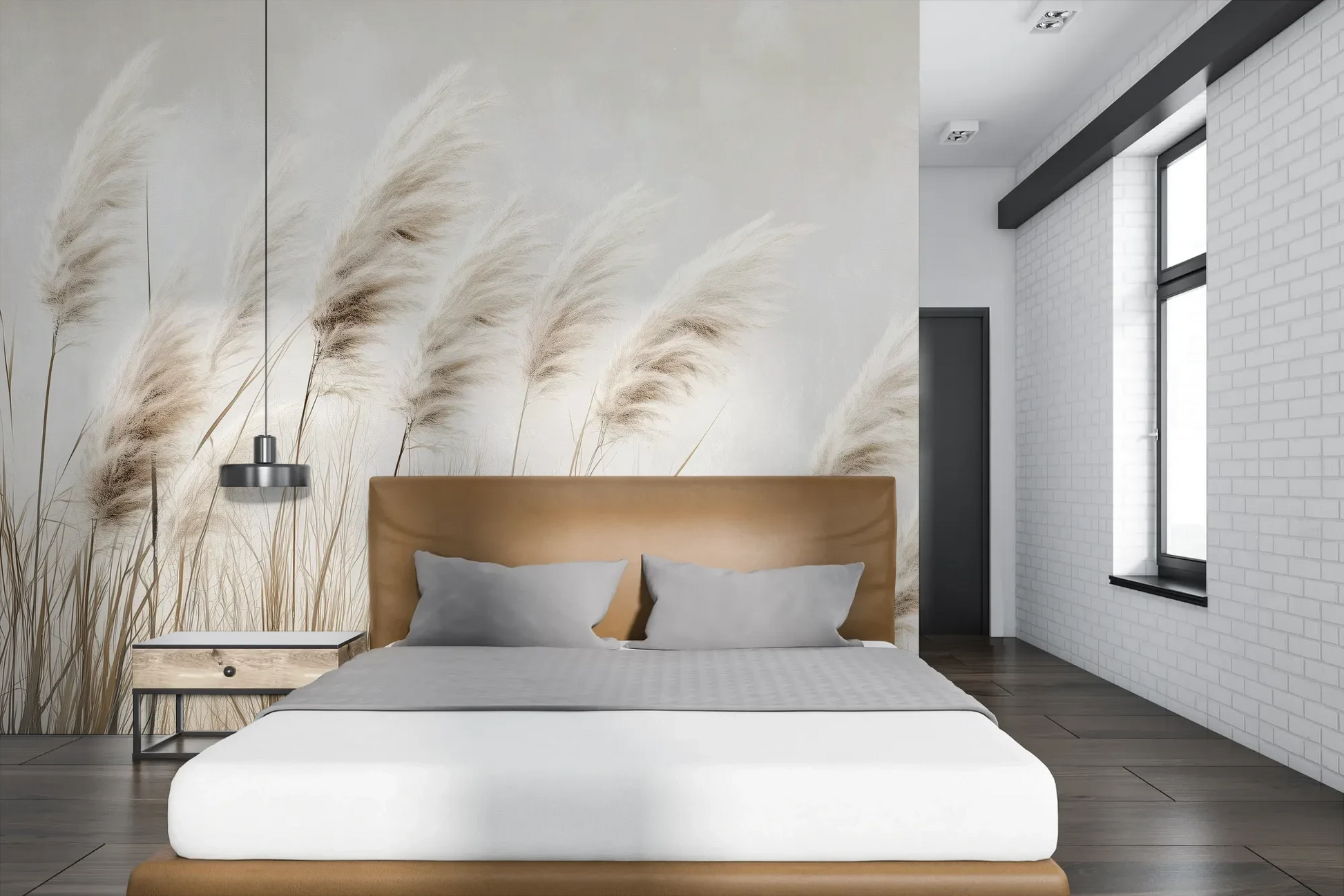 Wzór fototapety WINDSWEPT DREAMS - tapeta z delikatnymi trawami na jasnym tle pokazanej w aranżacji sypialni.