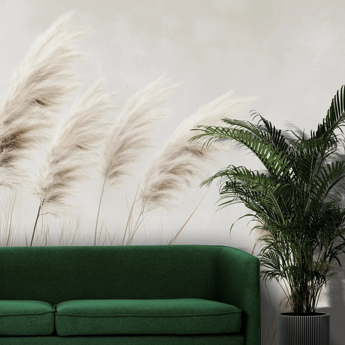 Fototapeta WINDSWEPT DREAMS - tapeta z delikatnymi trawami na jasnym tle pokazana w aranżacji wnętrza z akcentem na ścianie.