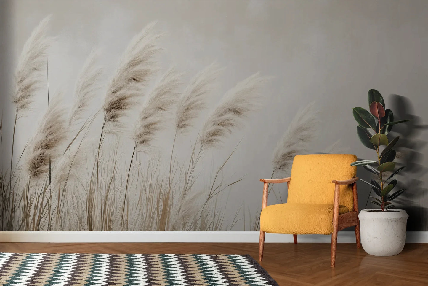 Wzór fototapety WINDSWEPT DREAMS - tapeta z delikatnymi trawami na jasnym tle pokazanej w aranżacji salonu.