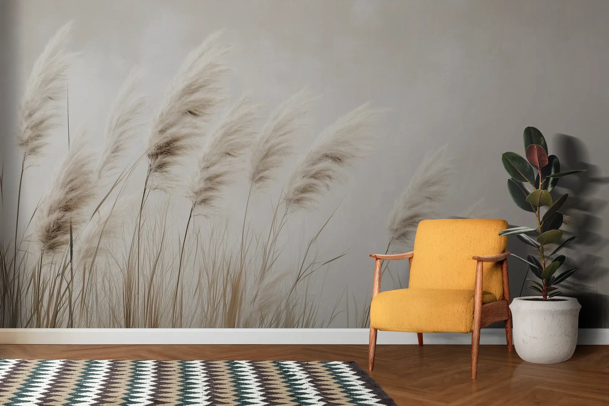 Wzór fototapety WINDSWEPT DREAMS - tapeta z delikatnymi trawami na jasnym tle pokazanej w aranżacji salonu.