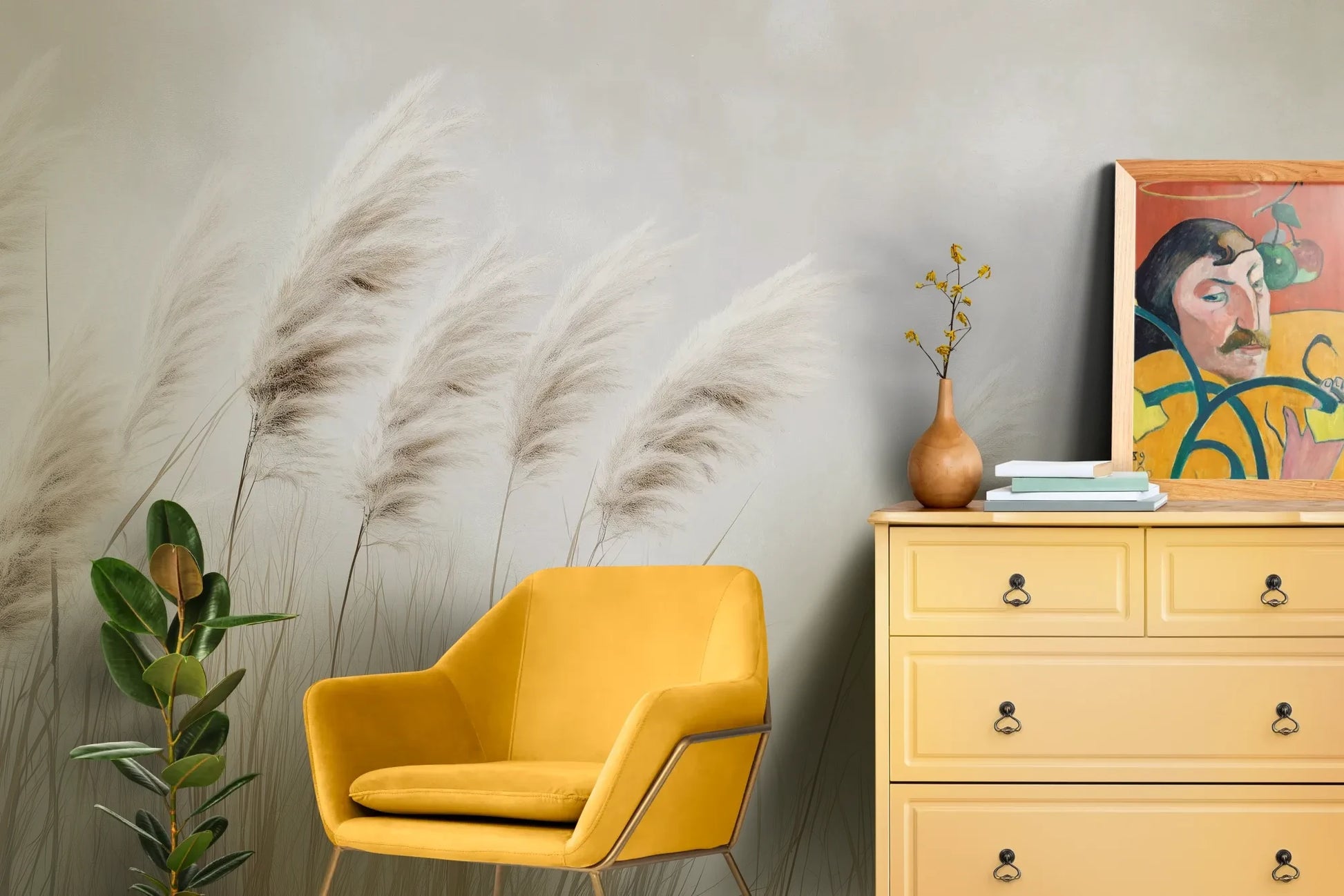 Wzór fototapety WINDSWEPT DREAMS - tapeta z delikatnymi trawami na jasnym tle pokazanej w aranżacji salonu.