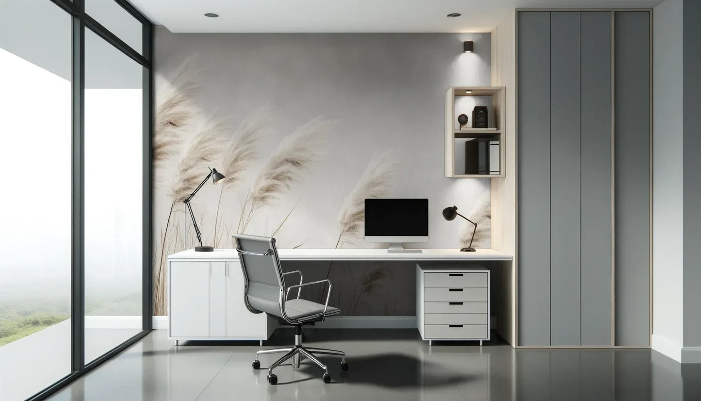 Fototapeta WINDSWEPT DREAMS - tapeta z delikatnymi trawami na jasnym tle pokazana w aranżacji biura.