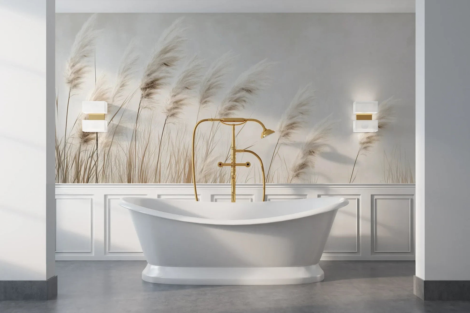 Wzór fototapety WINDSWEPT DREAMS - tapeta z delikatnymi trawami na jasnym tle pokazanej w aranżacji łazienki.