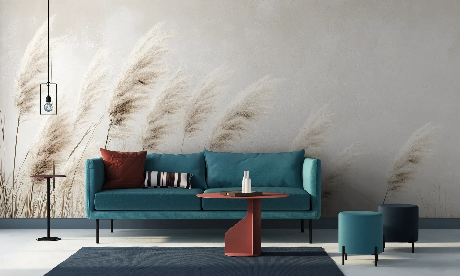 Wzór fototapety WINDSWEPT DREAMS - tapeta z delikatnymi trawami na jasnym tle pokazanej w aranżacji salonu.