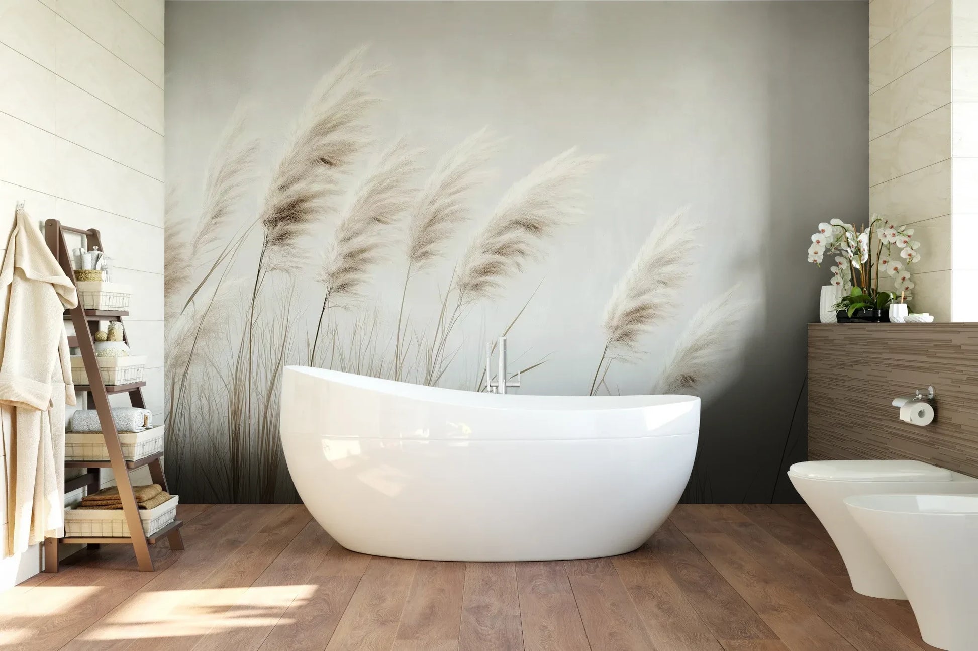 Wzór fototapety WINDSWEPT DREAMS - tapeta z delikatnymi trawami na jasnym tle pokazanej w aranżacji łazienki.