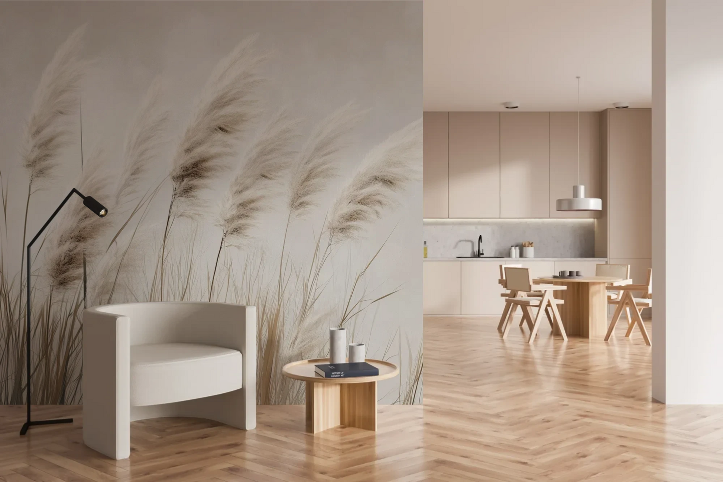 Wzór fototapety WINDSWEPT DREAMS - tapeta z delikatnymi trawami na jasnym tle pokazanej w aranżacji kuchni.