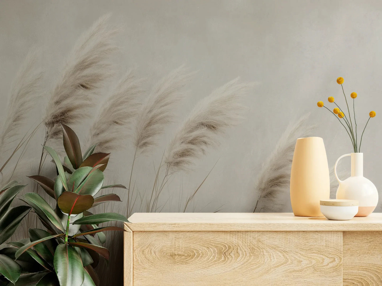 Fototapeta WINDSWEPT DREAMS - tapeta z delikatnymi trawami na jasnym tle pokazana w aranżacji wnętrza z akcentem na ścianie.