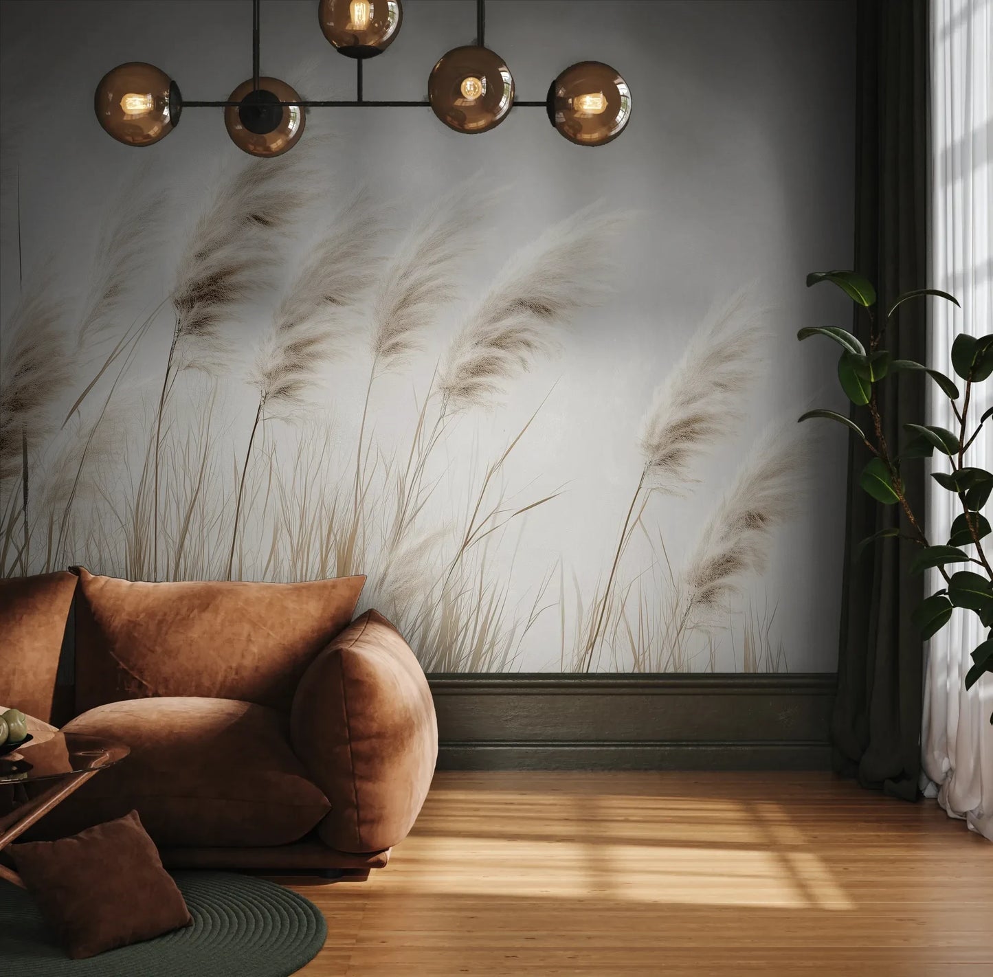 Fototapeta WINDSWEPT DREAMS - tapeta z delikatnymi trawami na jasnym tle pokazana w aranżacji wnętrza z akcentem na ścianie.