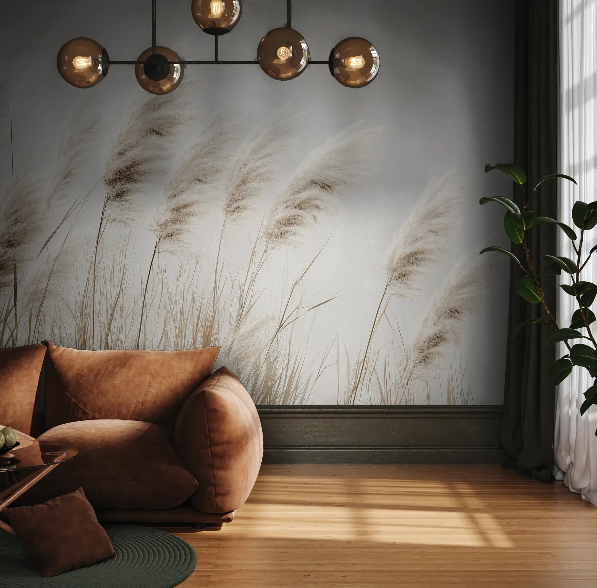 Fototapeta WINDSWEPT DREAMS - tapeta z delikatnymi trawami na jasnym tle pokazana w aranżacji wnętrza z akcentem na ścianie.