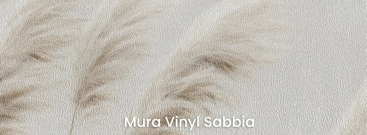 Zbliżenie na fototapetę WINDSWEPT DREAMS - tapeta z delikatnymi trawami na jasnym tle na podłożu o strukturze ziarna piasku.