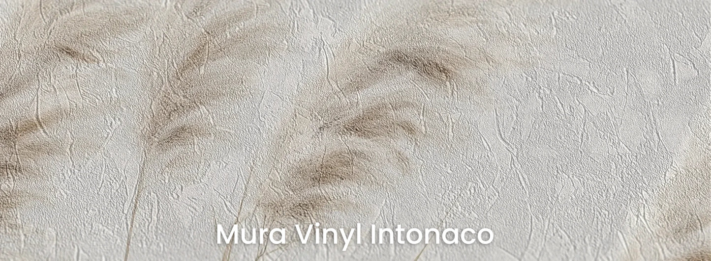 Zbliżenie na fototapetę WINDSWEPT DREAMS - tapeta z delikatnymi trawami na jasnym tle na podłożu o strukturze tartego tynku.