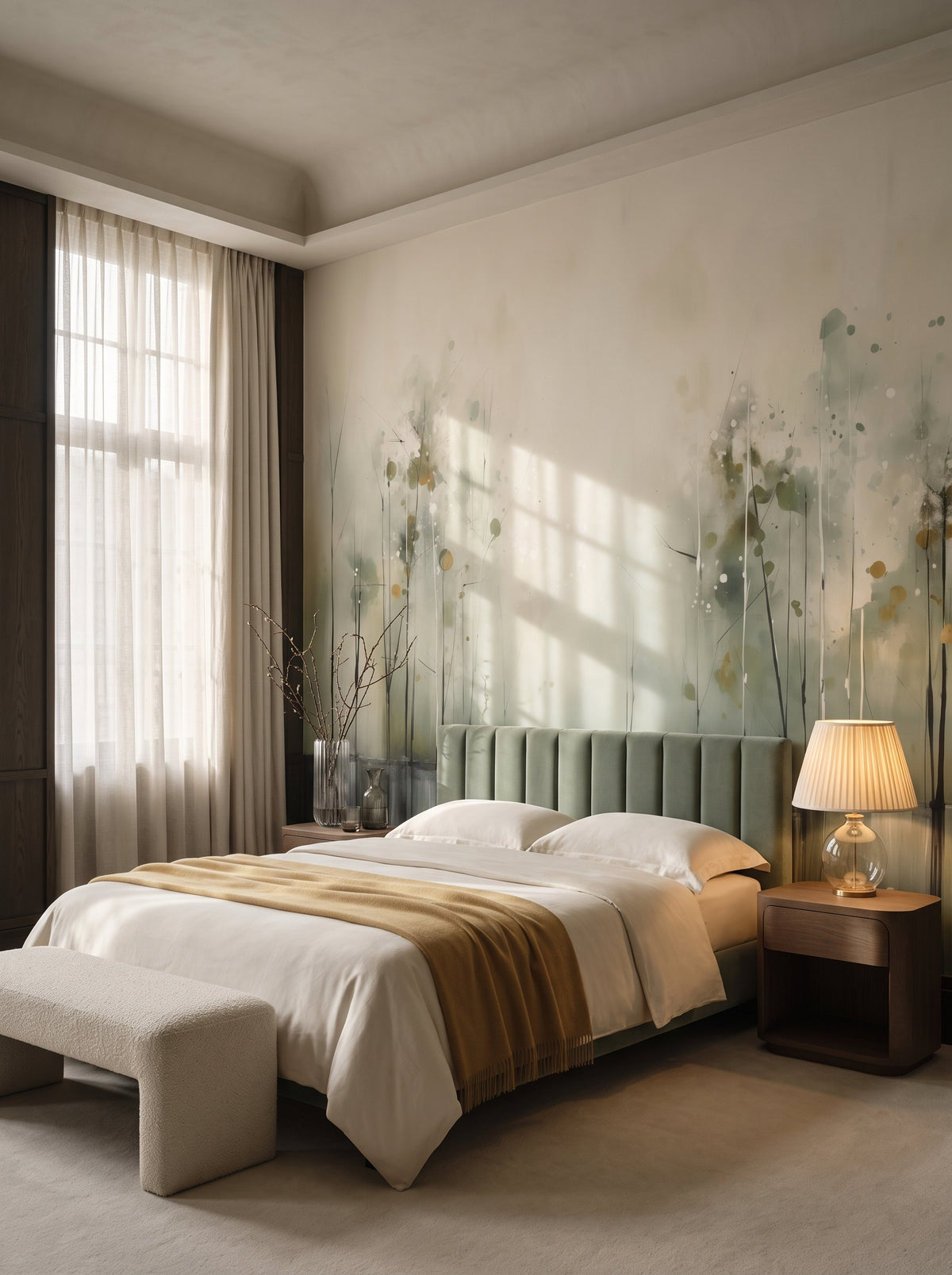 Fototapeta artystyczna o nazwie Kwiaty w Mgle w aranżacji wnętrza: apartament w pięciogwiazdkowym hotelu w stylu quiet luxury.