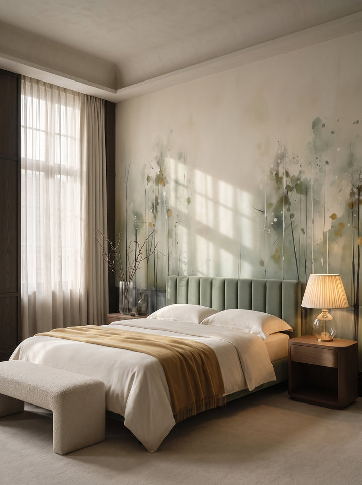Fototapeta artystyczna o nazwie Kwiaty w Mgle w aranżacji wnętrza: apartament w pięciogwiazdkowym hotelu w stylu quiet luxury.