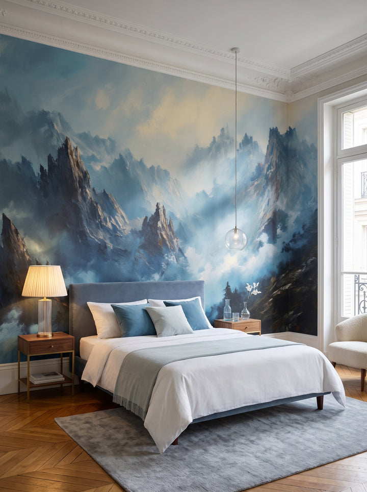 Fototapeta artystyczna o nazwie Cerulean Mist w aranżacji wnętrza: sypialnia w paryskim apartamencie.