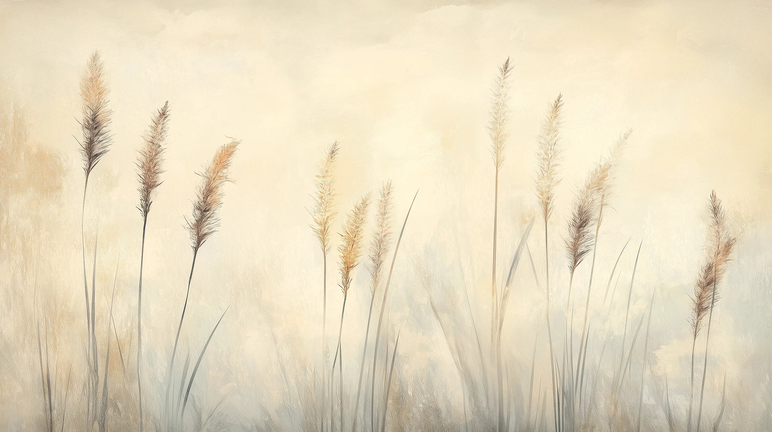 Pattern preview: Prezentacja całego wzoru fototapety o nazwie DELICATE MEMORIES - tapeta z mglistymi trawami o świcie