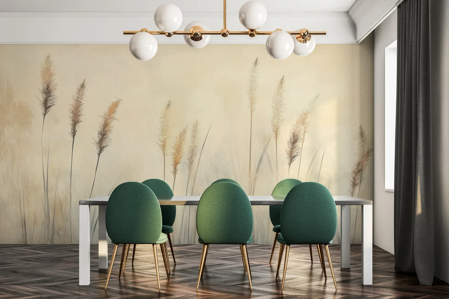 Fototapeta DELICATE MEMORIES - tapeta z mglistymi trawami o świcie pokazana w aranżacji jadalni.