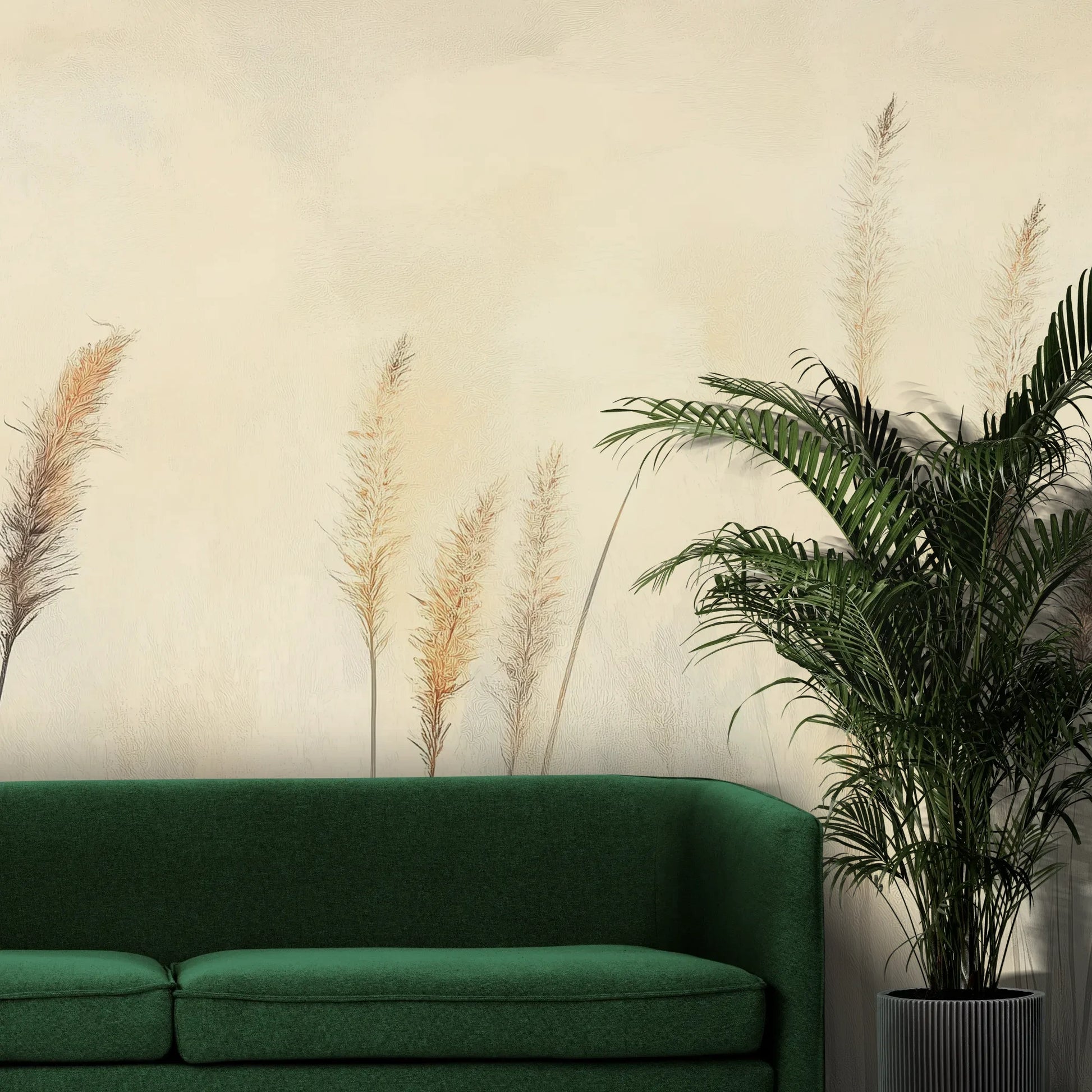 Fototapeta DELICATE MEMORIES - tapeta z mglistymi trawami o świcie pokazana w aranżacji wnętrza z akcentem na ścianie.