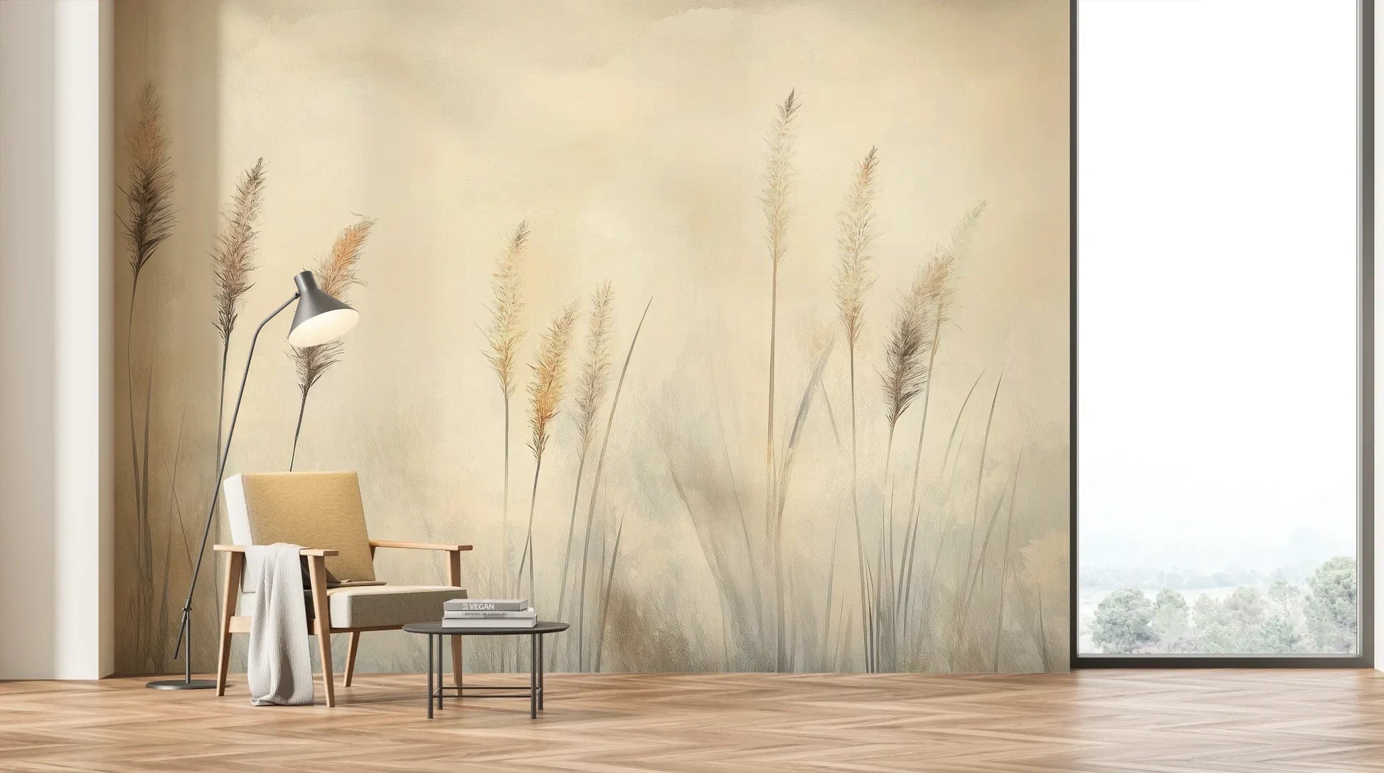 Wzór fototapety DELICATE MEMORIES - tapeta z mglistymi trawami o świcie pokazanej w aranżacji salonu.