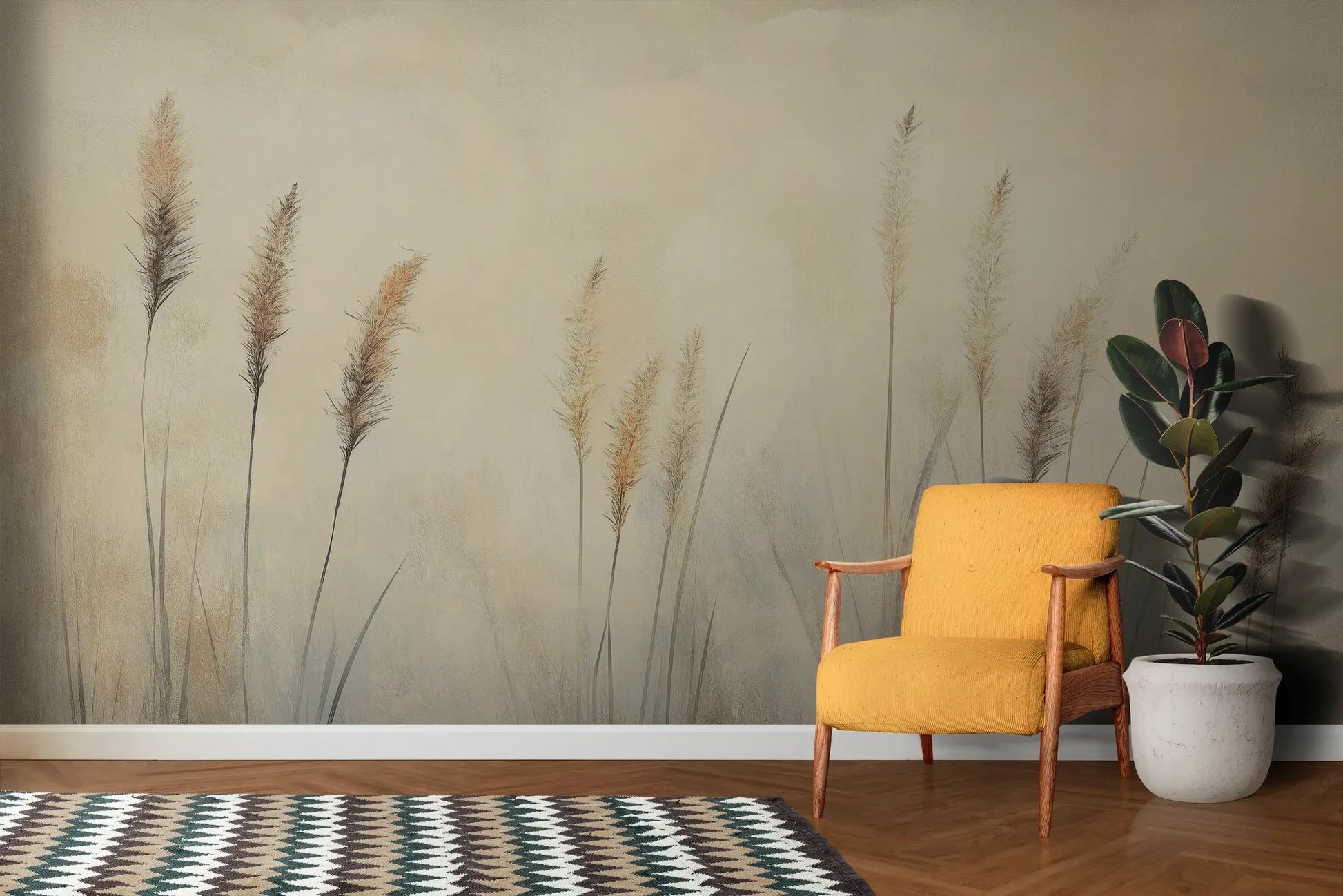 Wzór fototapety DELICATE MEMORIES - tapeta z mglistymi trawami o świcie pokazanej w aranżacji salonu.