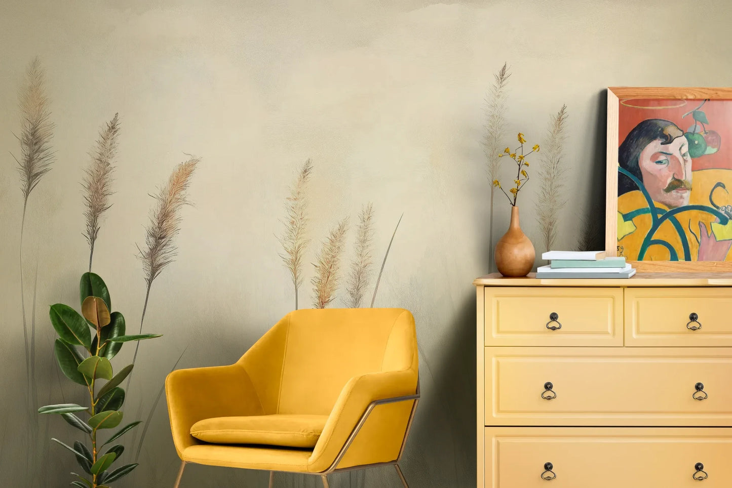 Wzór fototapety DELICATE MEMORIES - tapeta z mglistymi trawami o świcie pokazanej w aranżacji salonu.