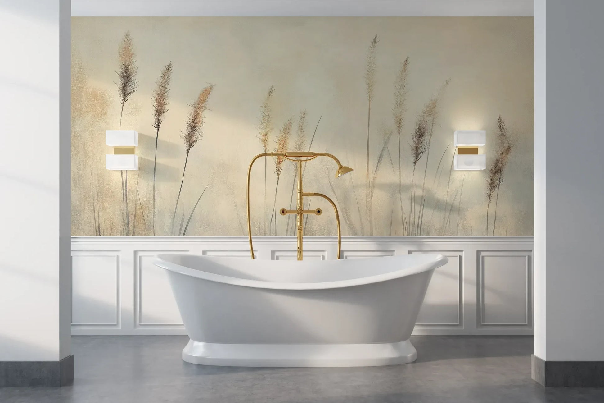 Wzór fototapety DELICATE MEMORIES - tapeta z mglistymi trawami o świcie pokazanej w aranżacji łazienki.