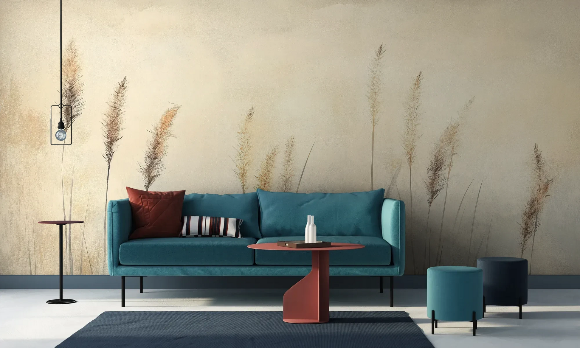 Wzór fototapety DELICATE MEMORIES - tapeta z mglistymi trawami o świcie pokazanej w aranżacji salonu.