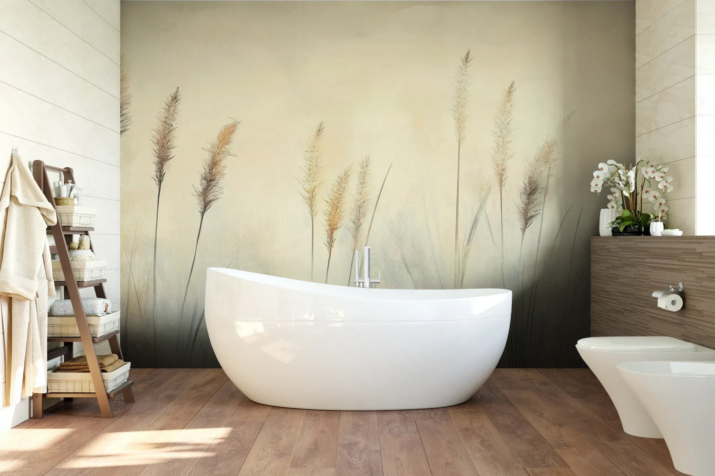Wzór fototapety DELICATE MEMORIES - tapeta z mglistymi trawami o świcie pokazanej w aranżacji łazienki.