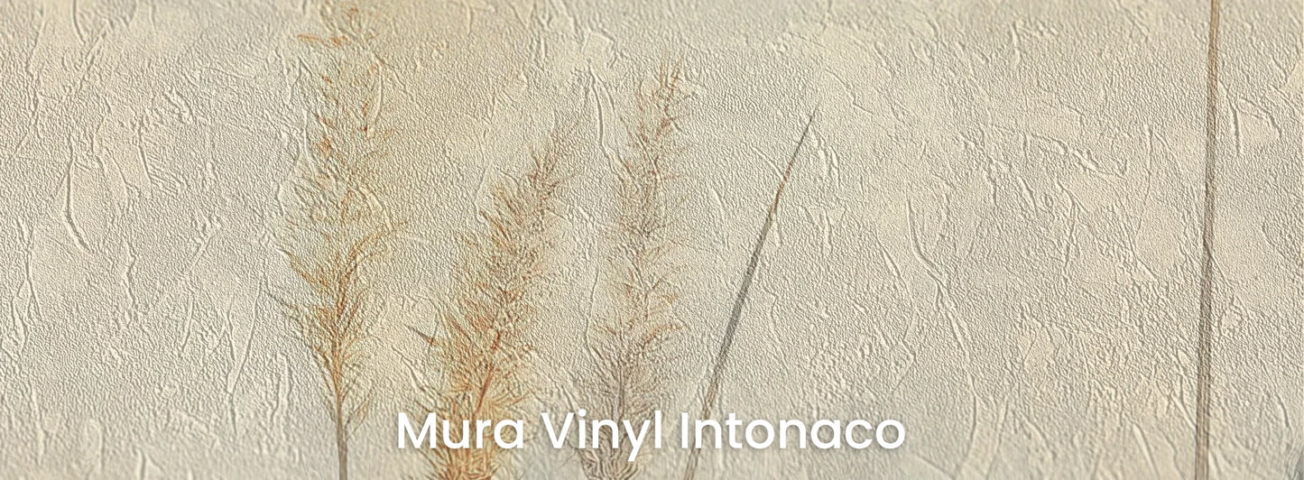 Zbliżenie na fototapetę DELICATE MEMORIES - tapeta z mglistymi trawami o świcie na podłożu o strukturze tartego tynku.