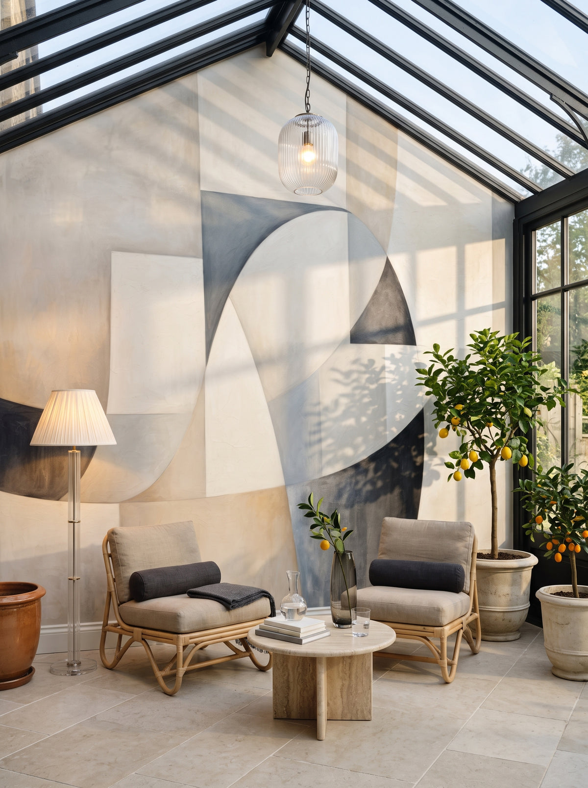 Künstlerische Fototapete „Soft Geometric Blends“ im Interieur: Leseraum in einer viktorianischen Orangerie.