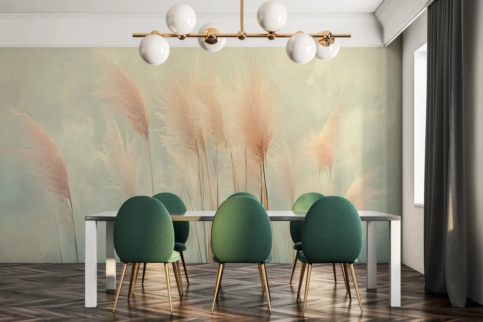 Fototapeta ROSE MIRAGE - tapeta z delikatnymi trzcinami w pastelowych odcieniach pokazana w aranżacji jadalni.