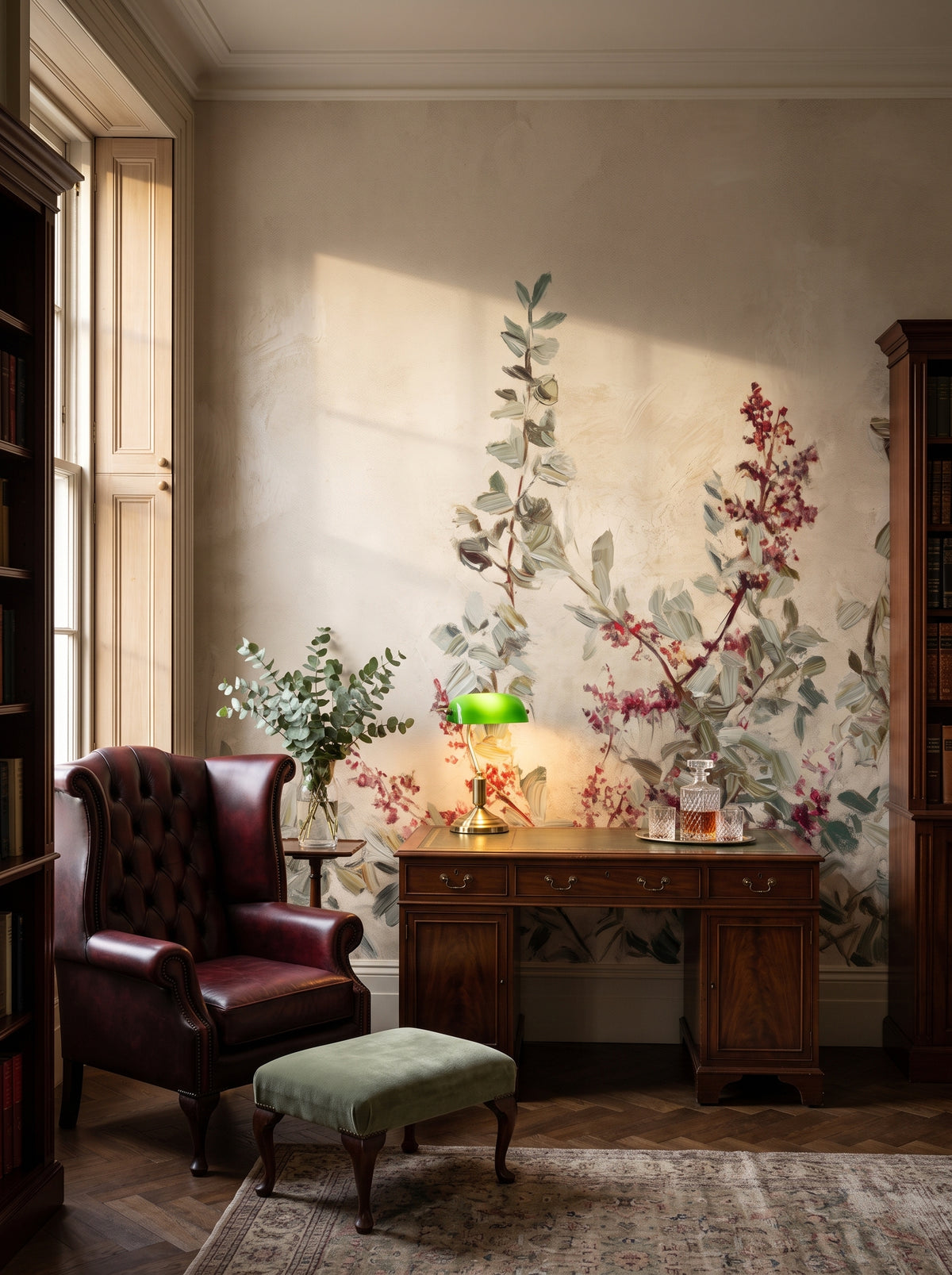 Fototapeta artystyczna o nazwie Old Master's Flora w aranżacji wnętrza: prywatna biblioteka w stylu angielskiego klubu.