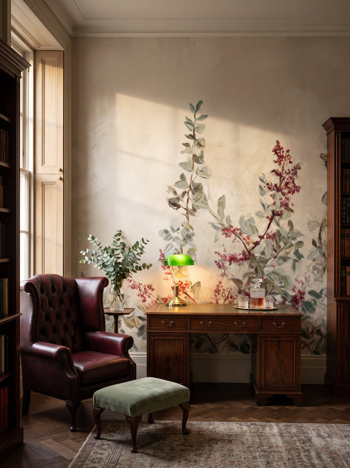 Fototapeta artystyczna o nazwie Old Master's Flora w aranżacji wnętrza: prywatna biblioteka w stylu angielskiego klubu.