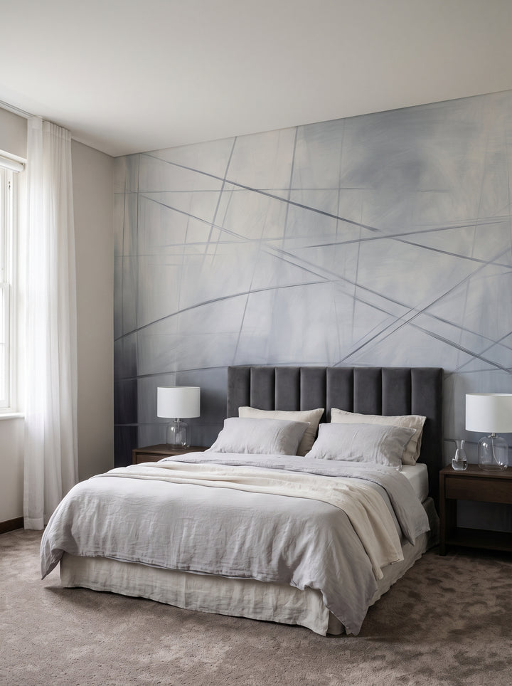 Fototapeta artystyczna o nazwie Ephemeral Lines w aranżacji wnętrza: apartament w pięciogwiazdkowym hotelu w stylu quiet luxury.