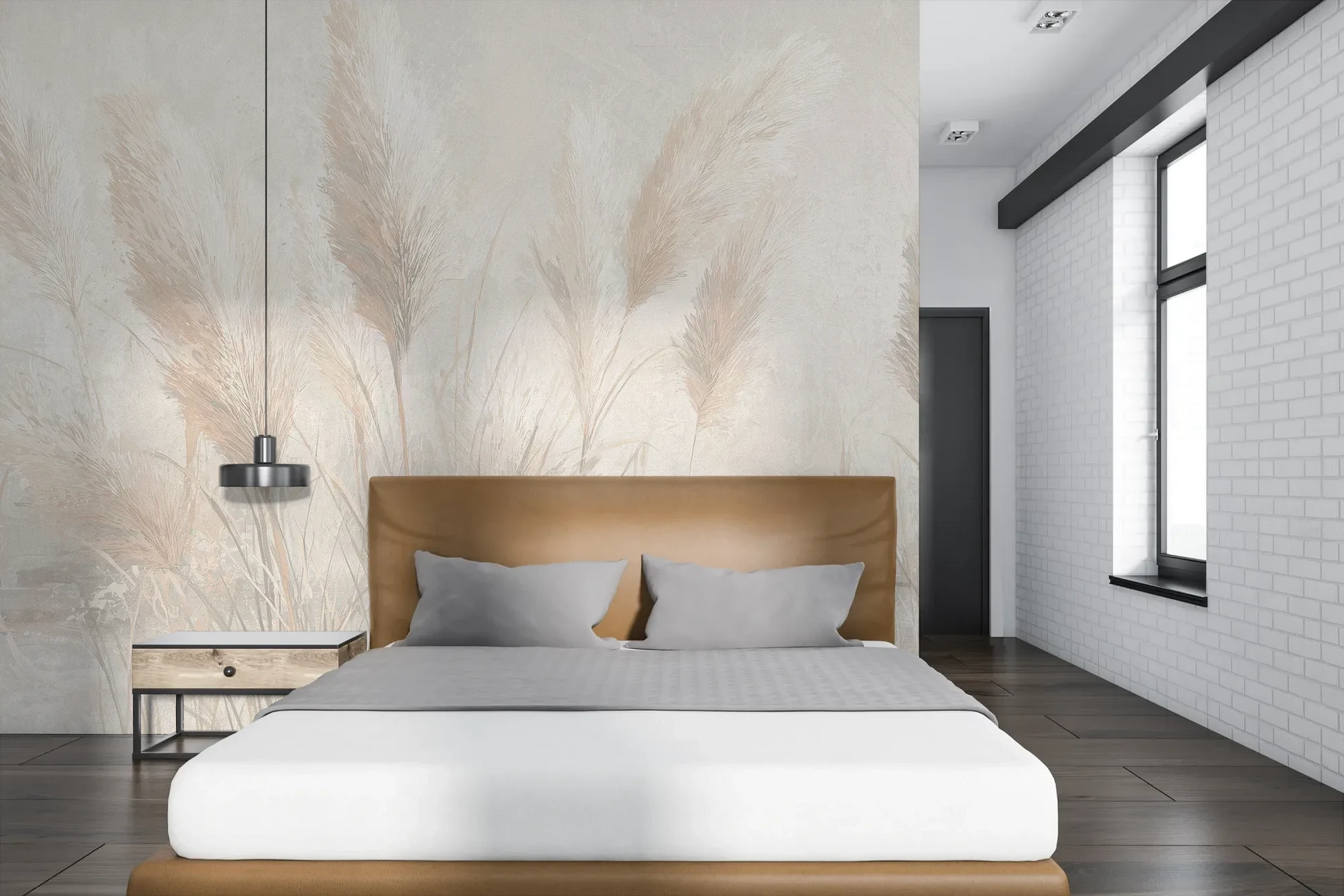 Wzór fototapety IVORY DREAMS - tapeta z delikatną trawą w kremowej tonacji pokazanej w aranżacji sypialni.