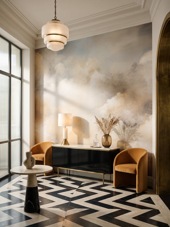 Fototapeta artystyczna o nazwie LUMINOUS DREAMSCAPE HORIZON w aranżacji wnętrza: galeria wejściowa w apartamencie Art Deco.