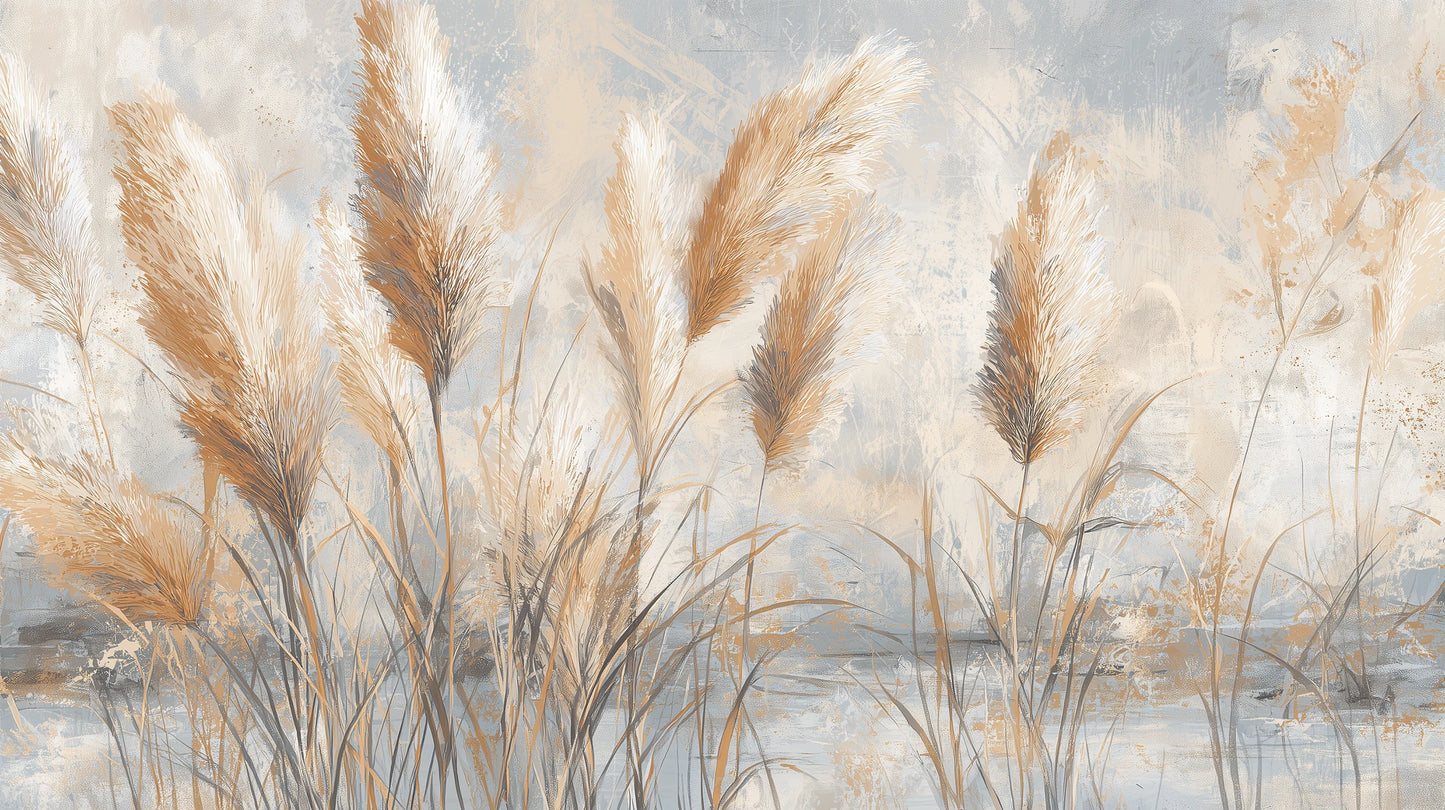 Prezentacja całego wzoru fototapety o nazwie OPALINE HARVEST - tapeta z delikatną trawą pampasową