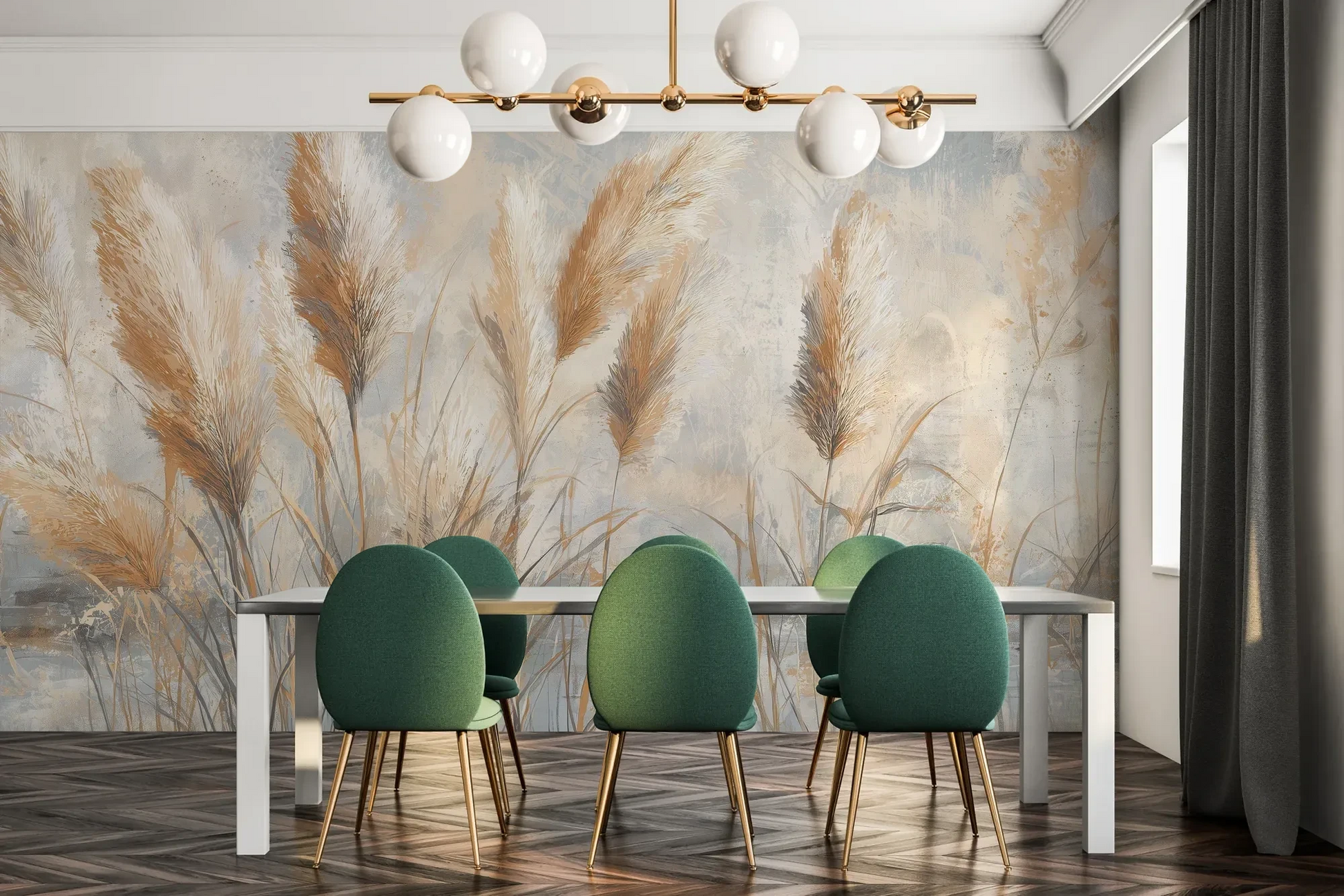 Fototapeta OPALINE HARVEST - tapeta z delikatną trawą pampasową pokazana w aranżacji jadalni.