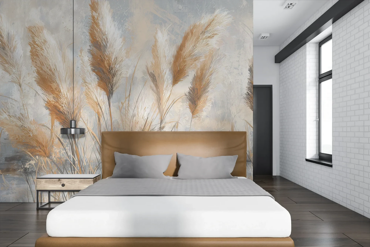 Wzór fototapety OPALINE HARVEST - tapeta z delikatną trawą pampasową pokazanej w aranżacji sypialni.
